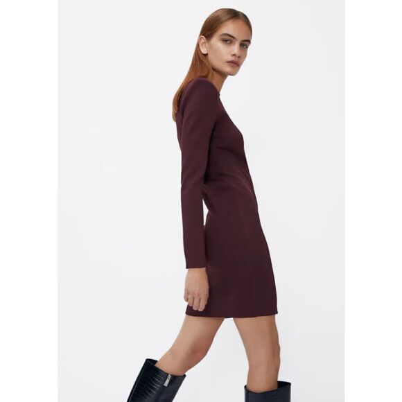 ZARA Heavy Long Sleeved Burgundy Bodycon Dress New - Picture 6 of 7